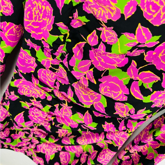 Zara Black Pink Purple Rose Full Sleeved Floral Ruched Dress Small - Picture 3 of 8